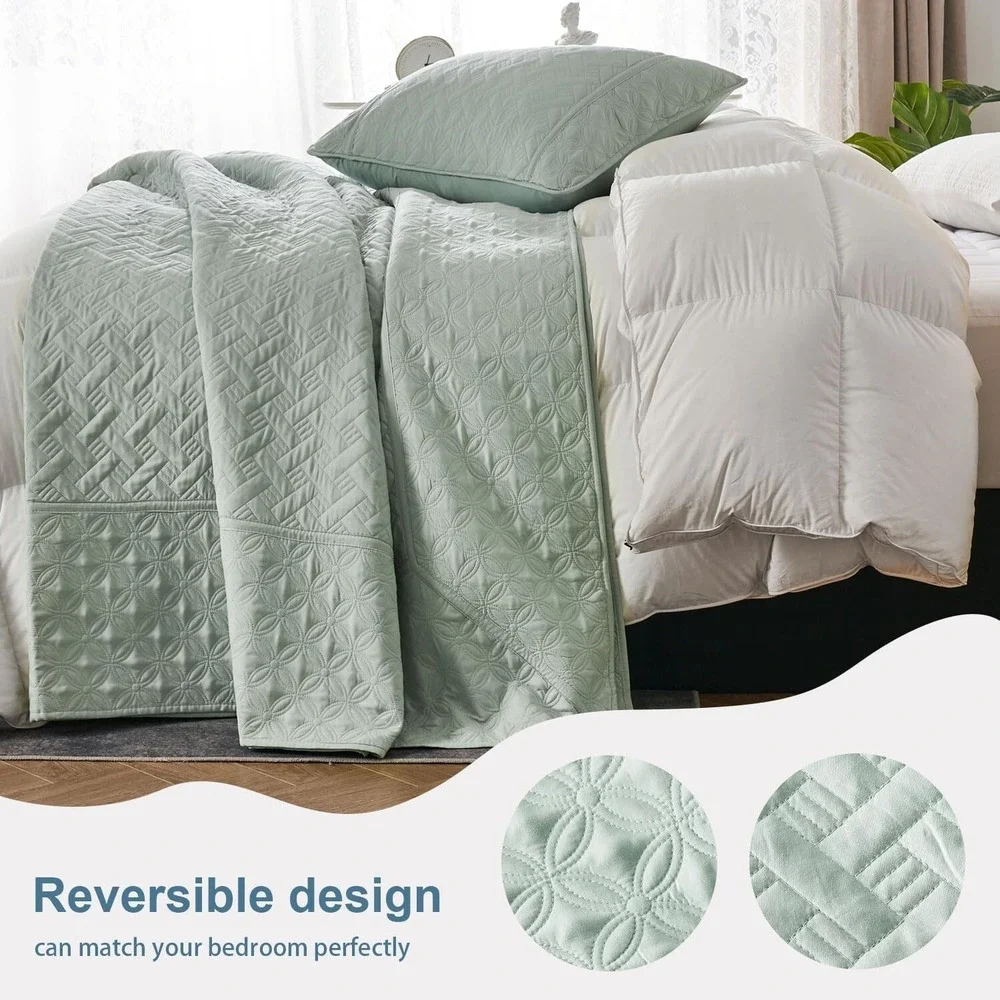 Quilt Set, 3 Piece Soft Basket Weave Sage Green Bedspread King Light Green